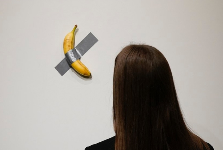 The controversial piece, Comedian, challenges traditional art by showcasing a simple banana as art.